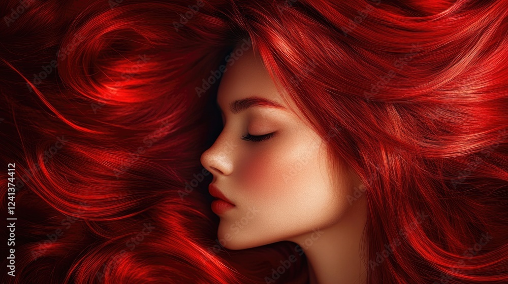 Fototapeta premium Portrait of a young woman with flowing vibrant red hair, soft makeup, closed eyes, and delicate features, set against a rich, textured background.