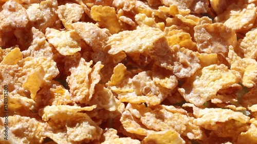 Close up macro of cornflakes spinning.
