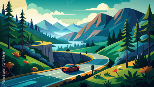 a mountainous, winding road. On a tight lane, there are two cars approaching each other to pass. a lush forest surrounds you.