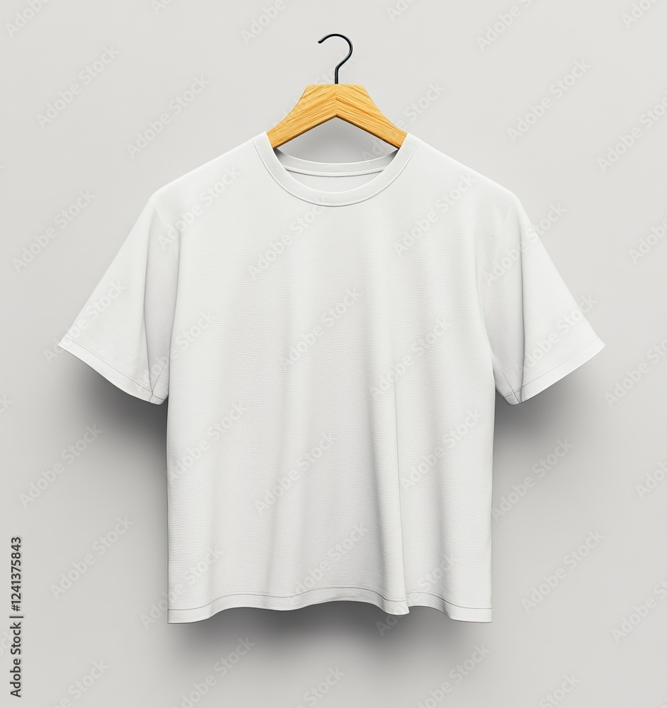 White T-shirt hanging on a wooden hanger mockup, front view, flat lay background, minimalist style, high-resolution photography, insanely detailed, stock photo.