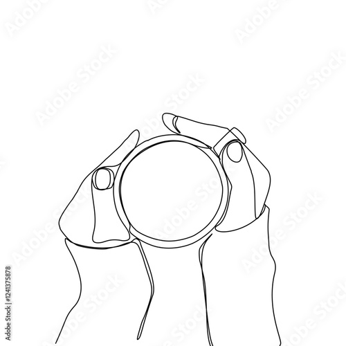 One continuous line drawing of hands holding a cup of hot coffee. Continuous art single one line in the cafe black.