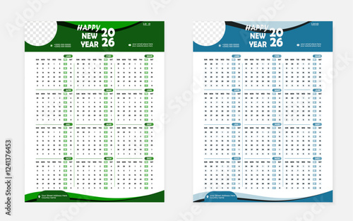 12 month modern poster size calendar templete design with circletype blue , and green color shape.
