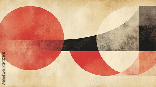 Abstract geometric art with red circles, black curve, and textured background.