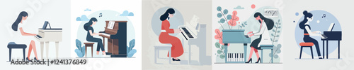 vector set of women playing the piano