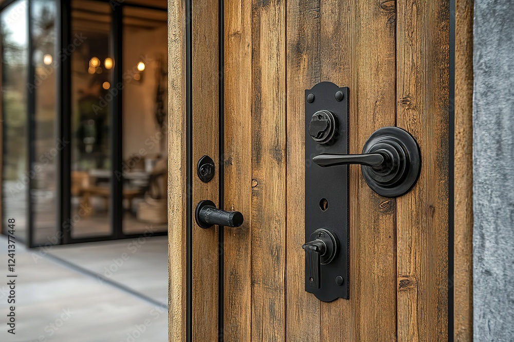 Fototapeta premium Black door handle and lock set on a rustic wooden door offering a blend of modern and traditional design