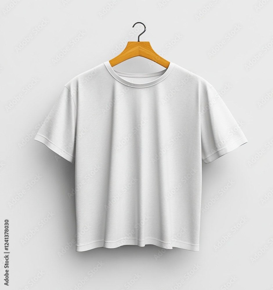 White T-shirt hanging on a wooden hanger, plain white background, mockup template stock photo. --ar 15:16 --v 6.1 Job ID: 881de61b-dab9-418b-b0fd-0f4050b48177