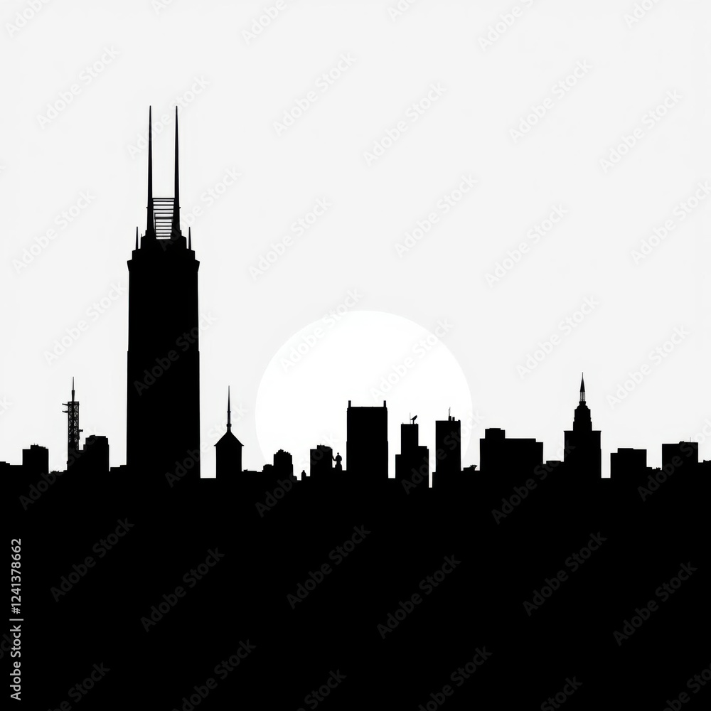 Fototapeta premium Modern city skyline in a silhouette of number 2 merged into a human's head silhouetted skyline cityscape architecture illustration building city vector