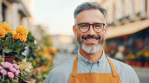 Fototapeta Naklejka Na Ścianę i Meble -  Smiling florist local market portrait urban street close-up community spirit