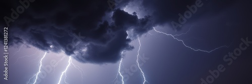 Lightning strikes illuminate the dark sky during a stormy night photo