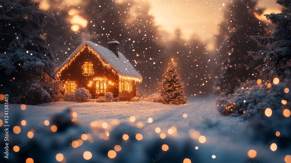 Fototapeta premium A Magical Winter Wonderland: Cozy Cabin, Sparkling Lights, and a Snow-Covered Christmas Tree in a Dreamlike Forest Setting