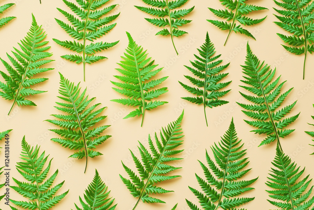 Detailed fern leaves arranged in a calming seamless pattern on a light beige background Detailed fern leaves arranged in a calming seamless pattern on a light beige background