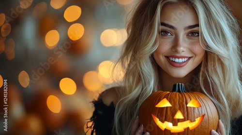 Enchanting Blonde Woman with a Glowing Jack-o'-Lantern for a Spooktacular Halloween Night photo