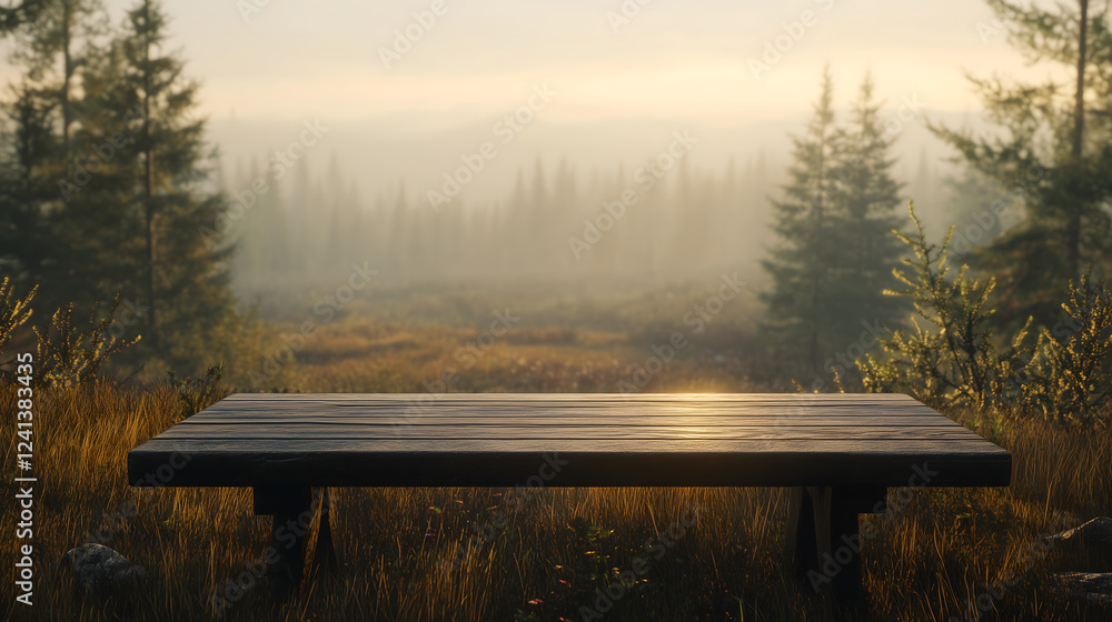 Obraz premium Russian sunset forest landscape with a table in minimalist aesthetic. The background should be a russian landscape, 