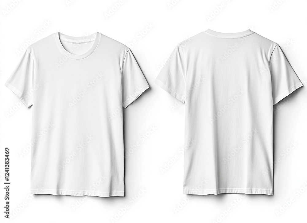 White T-shirt template, front and back view, isolated on a white background. Mockup for design print presentation, mock-up, stock photo. White T-shirt template, front and back view, isolated on a white background. Mockup for design print presentation, mock-up, stock photo.