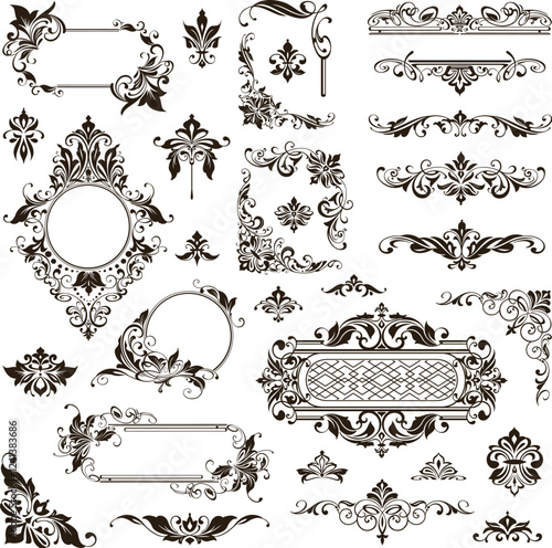 Vintage design lace borders monogram logo and corners, dividers Vector set art deco floral ornaments elements