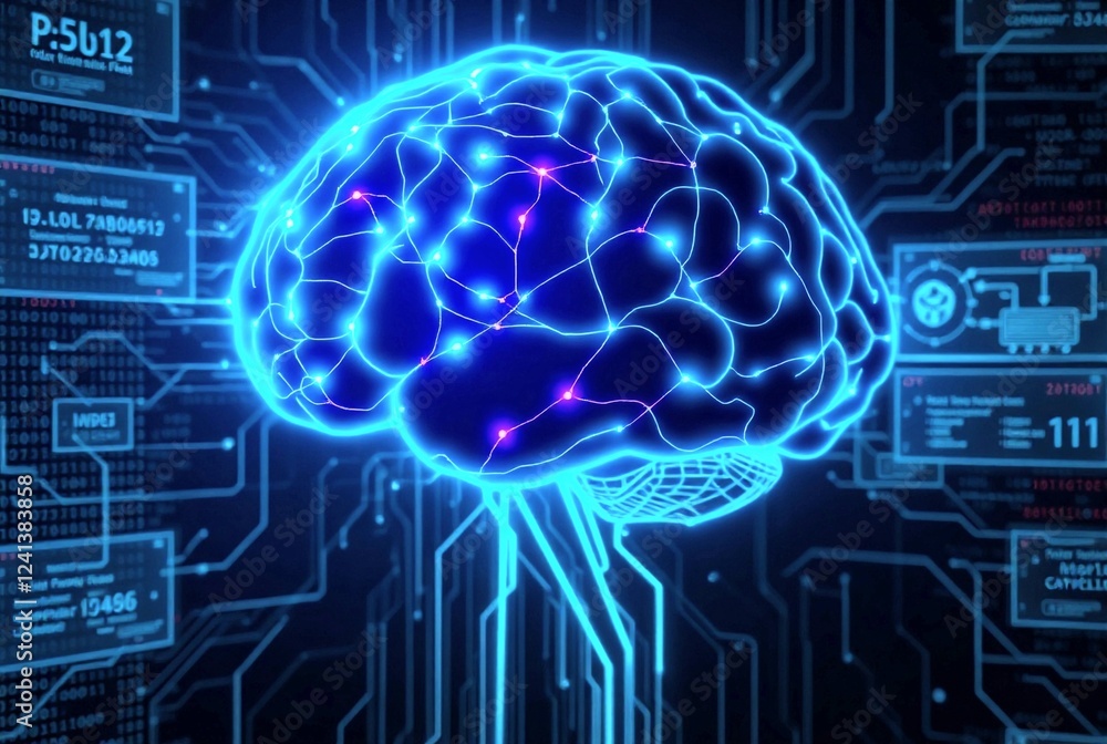 A futuristic digital brain of glowing neon lines with blue, purple, and turquoise light. Surrounded by binary code, holographic screens, complex algorithms. A dark high-tech cybernetic background A futuristic digital brain of glowing neon lines with blue, purple, and turquoise light. Surrounded by binary code, holographic screens, complex algorithms. A dark high-tech cybernetic background