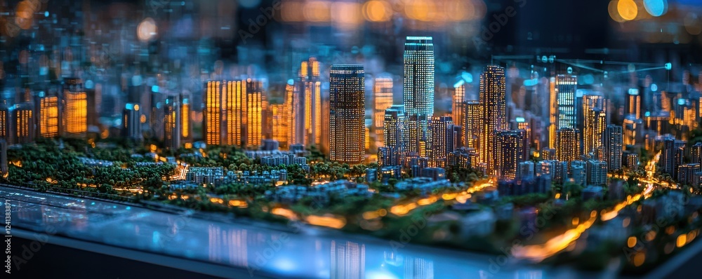Obraz premium Holographic display of an urban cityscape with illuminated buildings at night