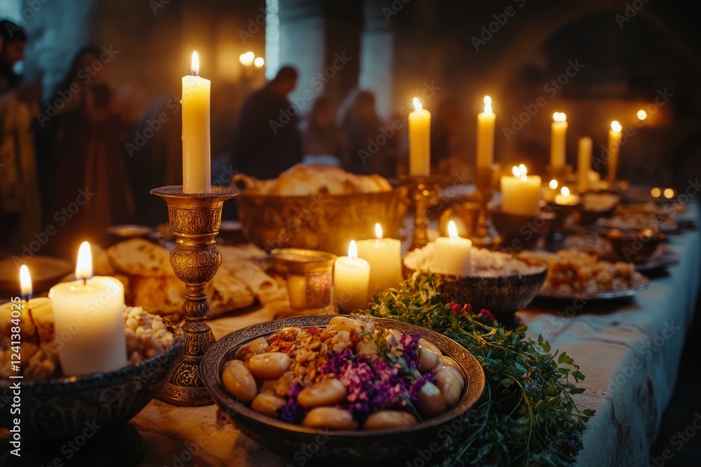 Obraz premium Medieval banquet table laden with food and illuminated by candlelight, creating a warm and inviting atmosphere during religious ceremony in church