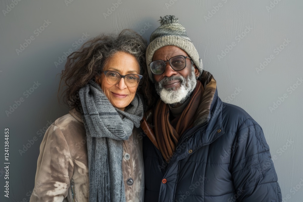 Portrait of a tender multicultural couple in their 60s donning a durable down jacket isolated on pastel gray background Portrait of a tender multicultural couple in their 60s donning a durable down jacket isolated on pastel gray background
