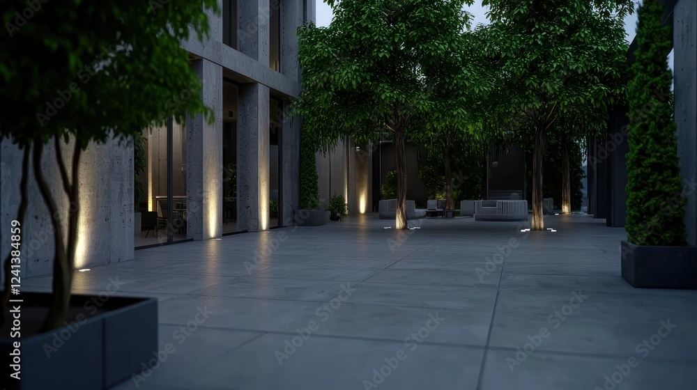 Fototapeta premium Modern urban courtyard with greenery, soft lighting, and concrete architecture at dusk