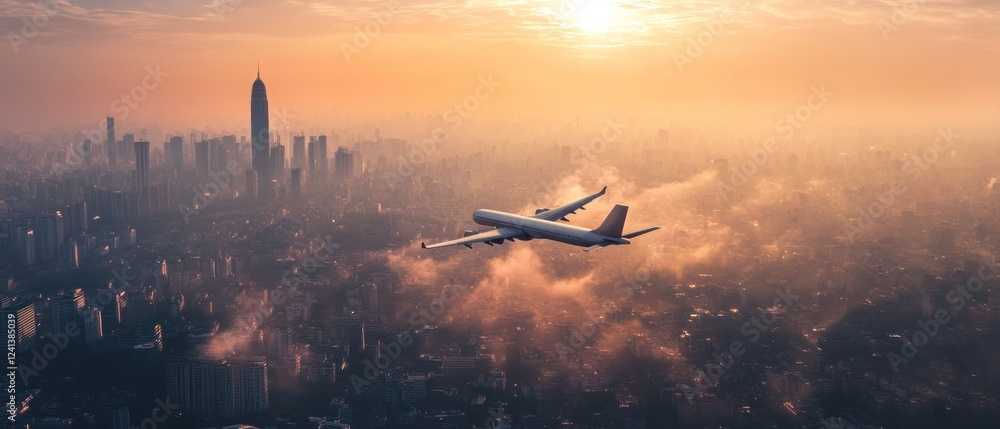Naklejka premium Sunset Flight Over a sprawling Metropolis