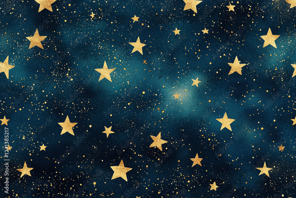 Golden stars scattered across a gradient midnight blue background for a celestial design Golden stars scattered across a gradient midnight blue background for a celestial design