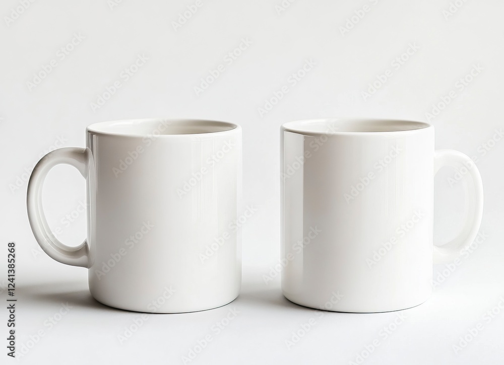 Obraz premium 2 white coffee mugs mockup, plain background, front view, no text or design on the mugs, high resolution, professional photograph, studio lighting, sharp focus, highly detailed.