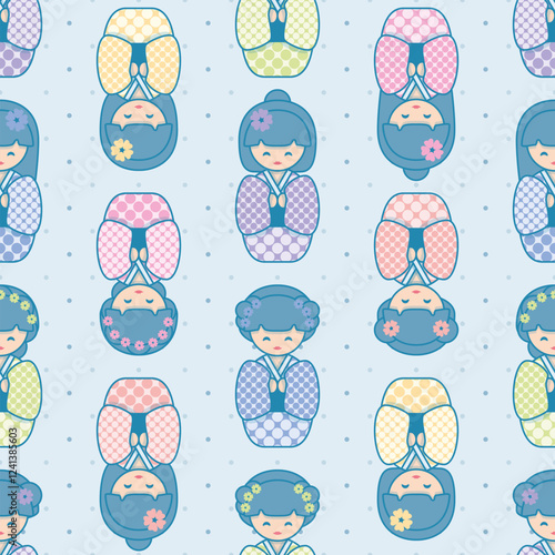 Cute kokeshi dolls seamless vector pattern.  Illustration background of Japanese dolls with polka dot kimonos. 