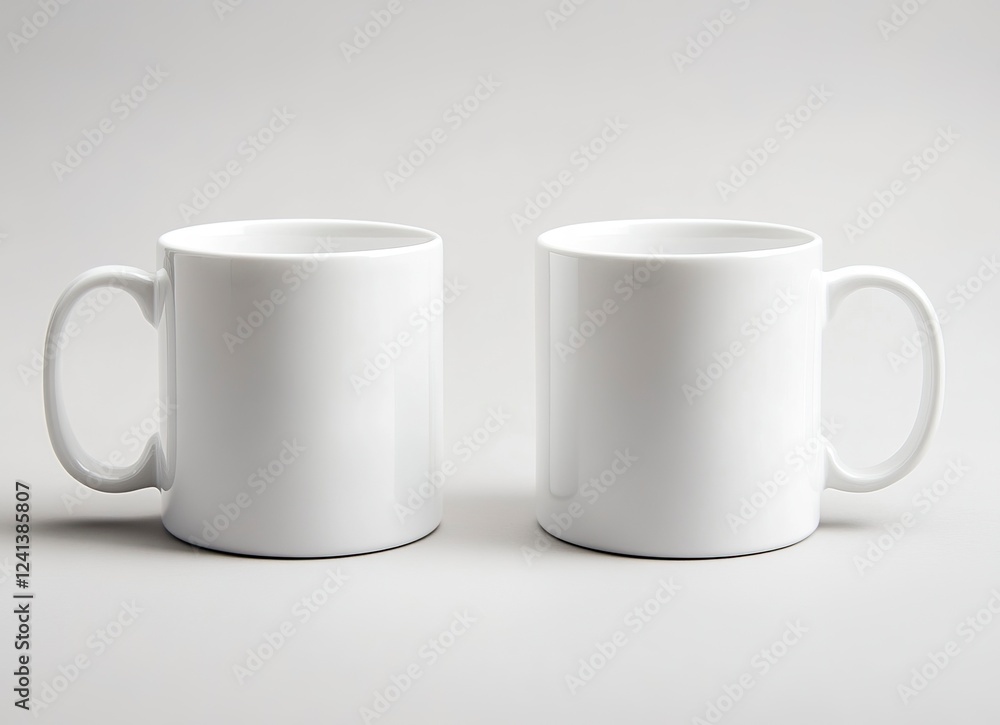 Obraz premium 2 white coffee mugs mockup, plain background, front view, no text or design on the mugs, high resolution, professional photograph, studio lighting, sharp focus, highly detailed.