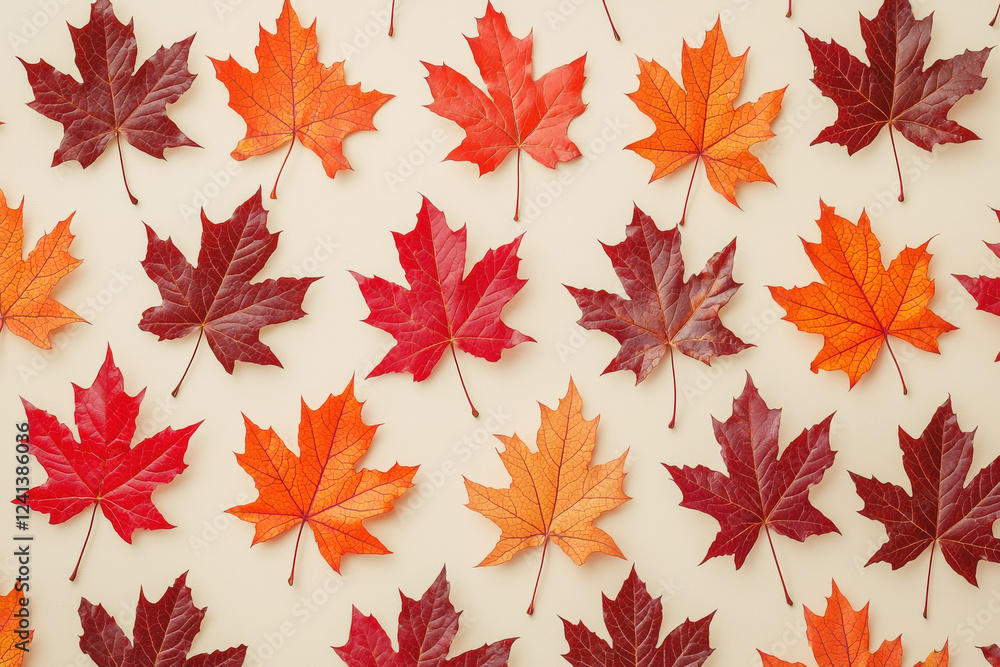 Vibrant autumn maple leaves in fiery reds and oranges on a neutral beige background create a seamless seasonal pattern Vibrant autumn maple leaves in fiery reds and oranges on a neutral beige background create a seamless seasonal pattern