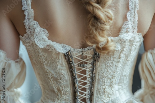 Close-up of a lace corset with braided hairstyle photo