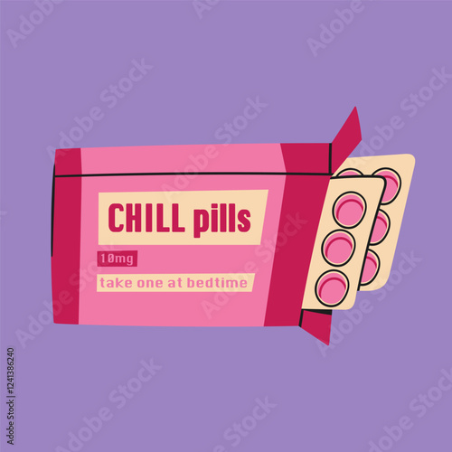 Chill pills. Medical blister pack. Drugs, vitamins, pharmacy, pharmaceutics, hospital, health care concept. Hand drawn trendy Vector illustration. Isolated design element. Poster, print template