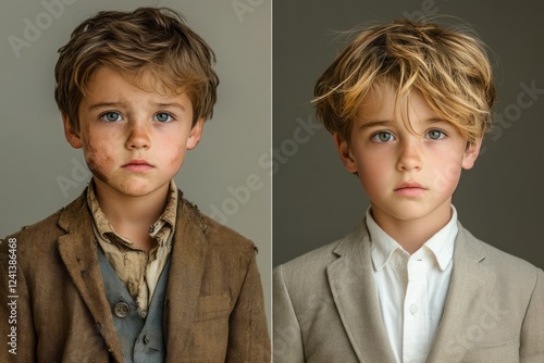 Diptych representing before and after social status change, from poor to rich, with same child wearing dirty and elegant clothes
