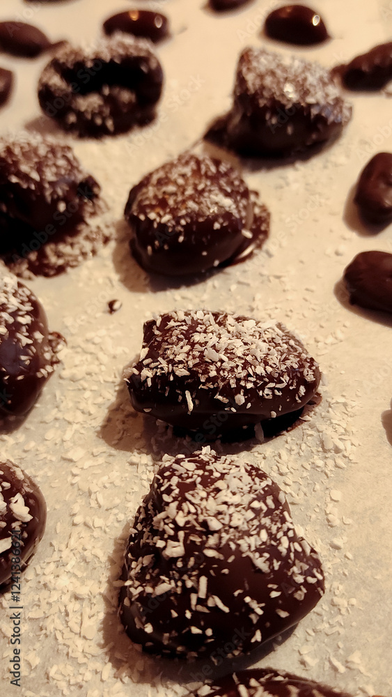 Chocolate pralines covered in coconut flakes, prepared for valentine's day celebration in prague Chocolate pralines covered in coconut flakes, prepared for valentine's day celebration in prague