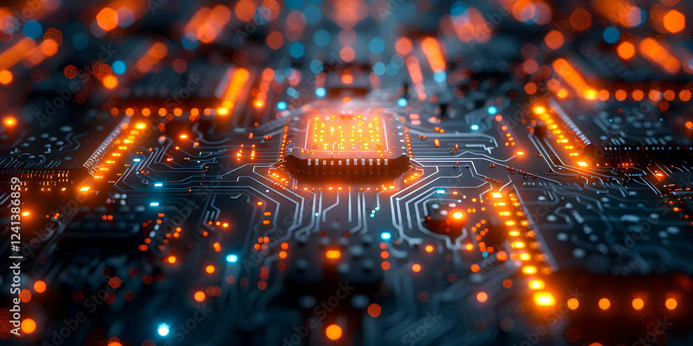 Imagen horizontal de un fondo tecnológico a base de chips y circuitos en una placa Imagen horizontal de un fondo tecnológico a base de chips y circuitos en una placa
