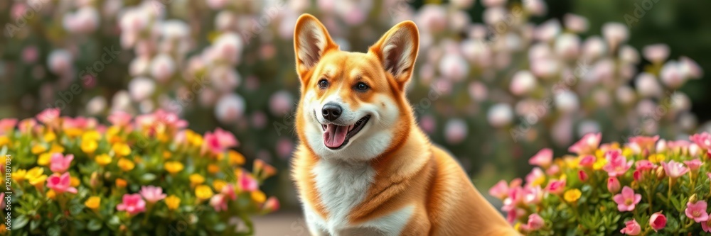 A cheerful, orange and white corgi dog is the focus, positioned in front of a blurred background of colorful flowers in bloom A cheerful, orange and white corgi dog is the focus, positioned in front of a blurred background of colorful flowers in bloom