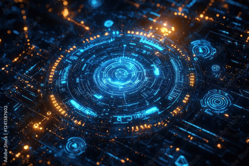 Futuristic digital interface with glowing blue and orange technological circuits Futuristic digital interface with glowing blue and orange technological circuits