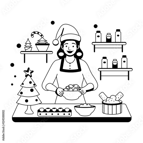 Girl doing christmas preparation glyph illustration 