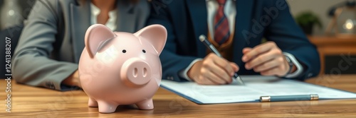 Business meeting focused on financial planning with a piggy bank and document on the table photo