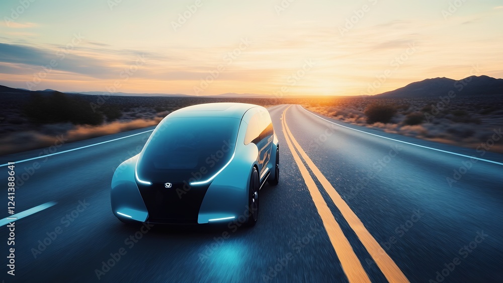 Fototapeta premium A sleek electric car glides down a serene highway surrounded by tall trees. The soft morning light reflects off its smooth surface, showcasing modern design and eco-friendly technology.