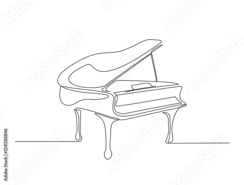 Continuous one line drawing of grand piano - music equipment. Classic grand piano in single line draw illustration. Editable stroke.
