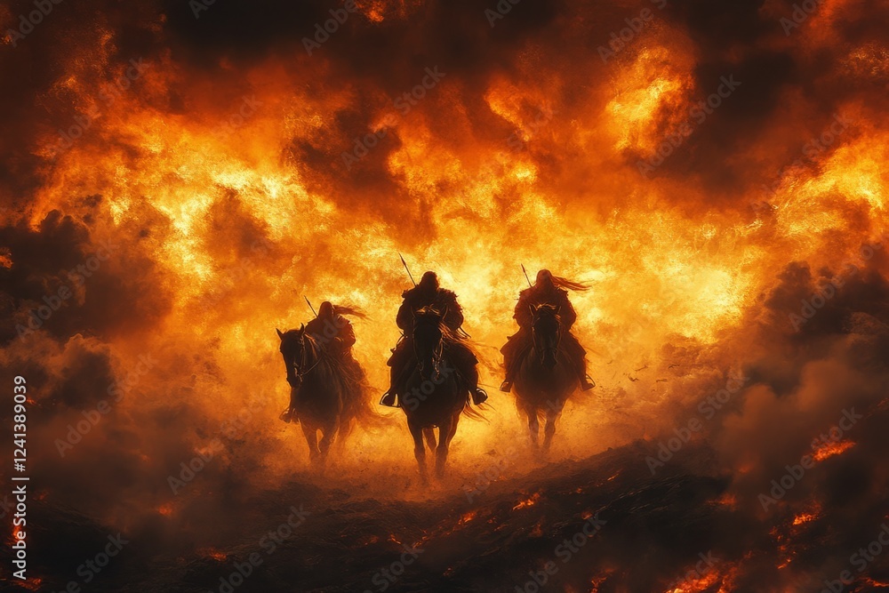 Fototapeta premium Fearsome warriors riding horses under burning sky, charging into epic fantasy battle