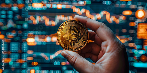 Imagen de una mano a la derecha sosteniendo una criptomoneda y al fondo estadísticas desenfocaras