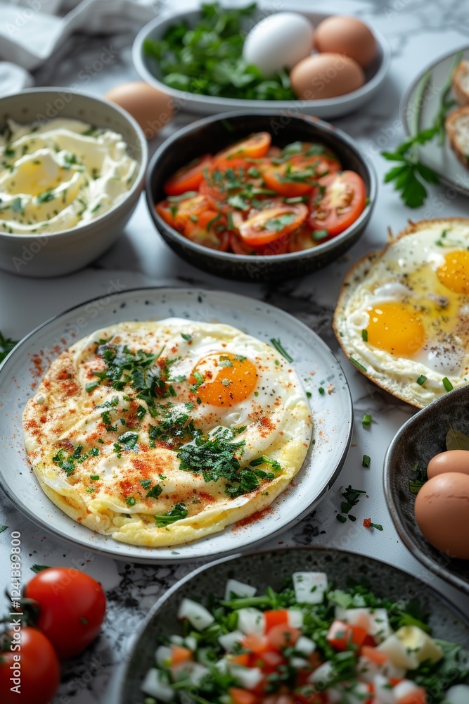 Lightness of flavor: variety of egg dishes in a clean presentation Lightness of flavor: variety of egg dishes in a clean presentation