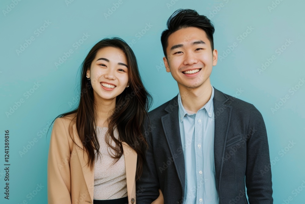 Portrait of a smiling asian couple in their 30s dressed in a stylish blazer in soft blue background Portrait of a smiling asian couple in their 30s dressed in a stylish blazer in soft blue background