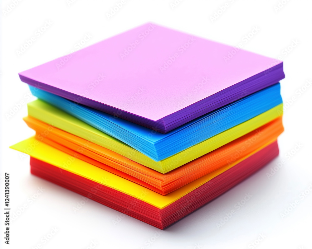 An artistic view of a stack of colorful sticky notes on an isolated white background. An artistic view of a stack of colorful sticky notes on an isolated white background.