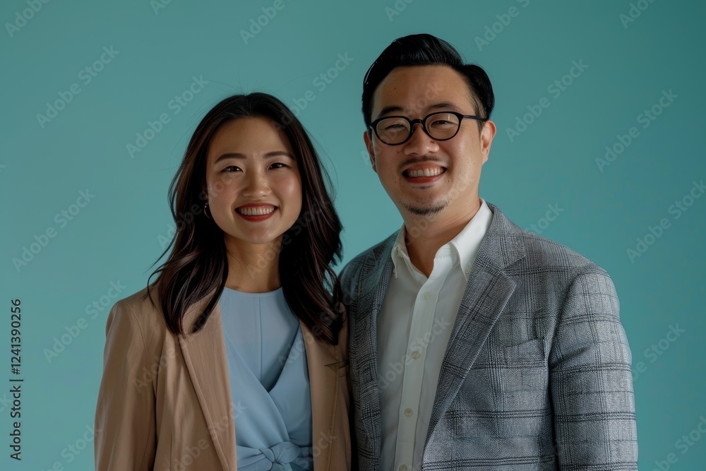 Portrait of a smiling asian couple in their 30s dressed in a stylish blazer over soft blue background Portrait of a smiling asian couple in their 30s dressed in a stylish blazer over soft blue background
