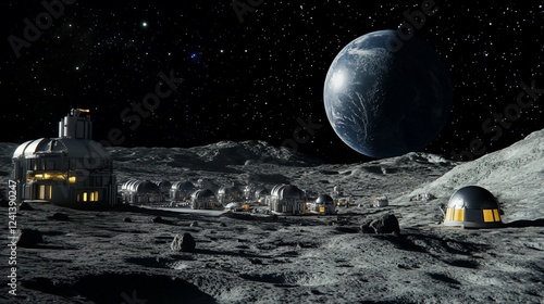Fototapeta Naklejka Na Ścianę i Meble -  Lunar Colony Base Camp: Earthrise Over Futuristic Moon Settlement
