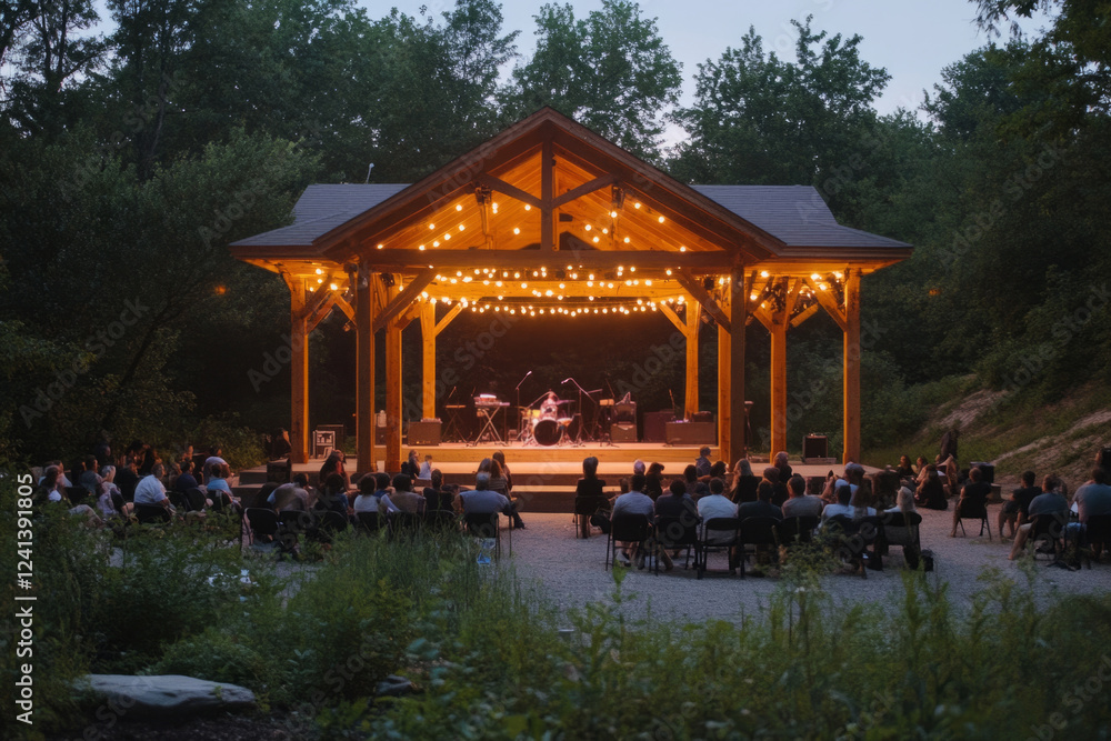Obraz premium Audience enjoying live music performed on an outdoor stage under string lights in a park