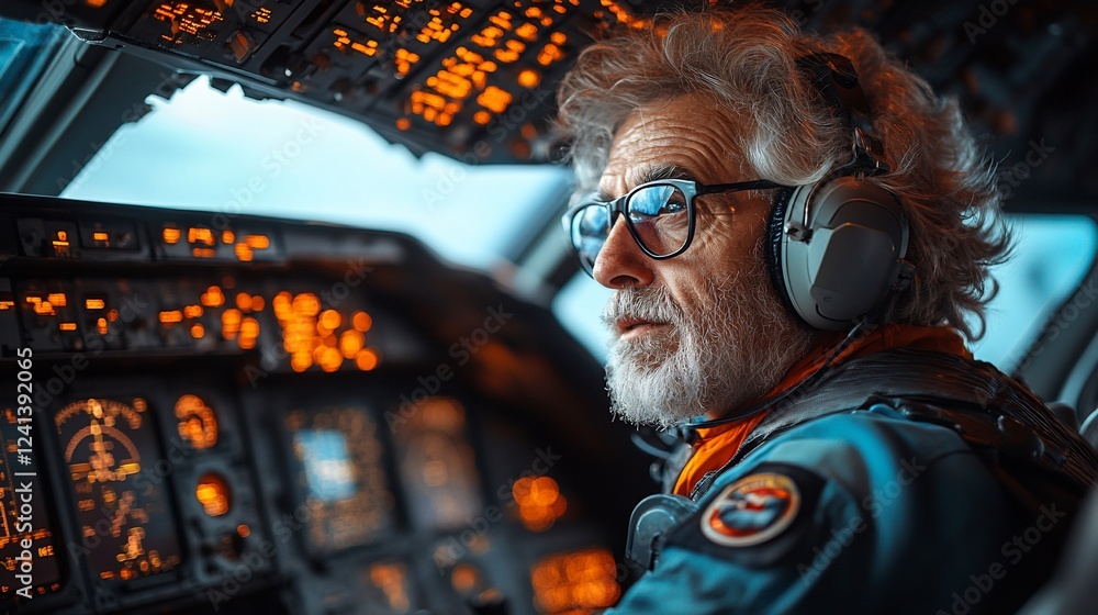 Senior pilot in cockpit, flight controls, aircraft, sky, journey, aviation, profession, transportation Senior pilot in cockpit, flight controls, aircraft, sky, journey, aviation, profession, transportation